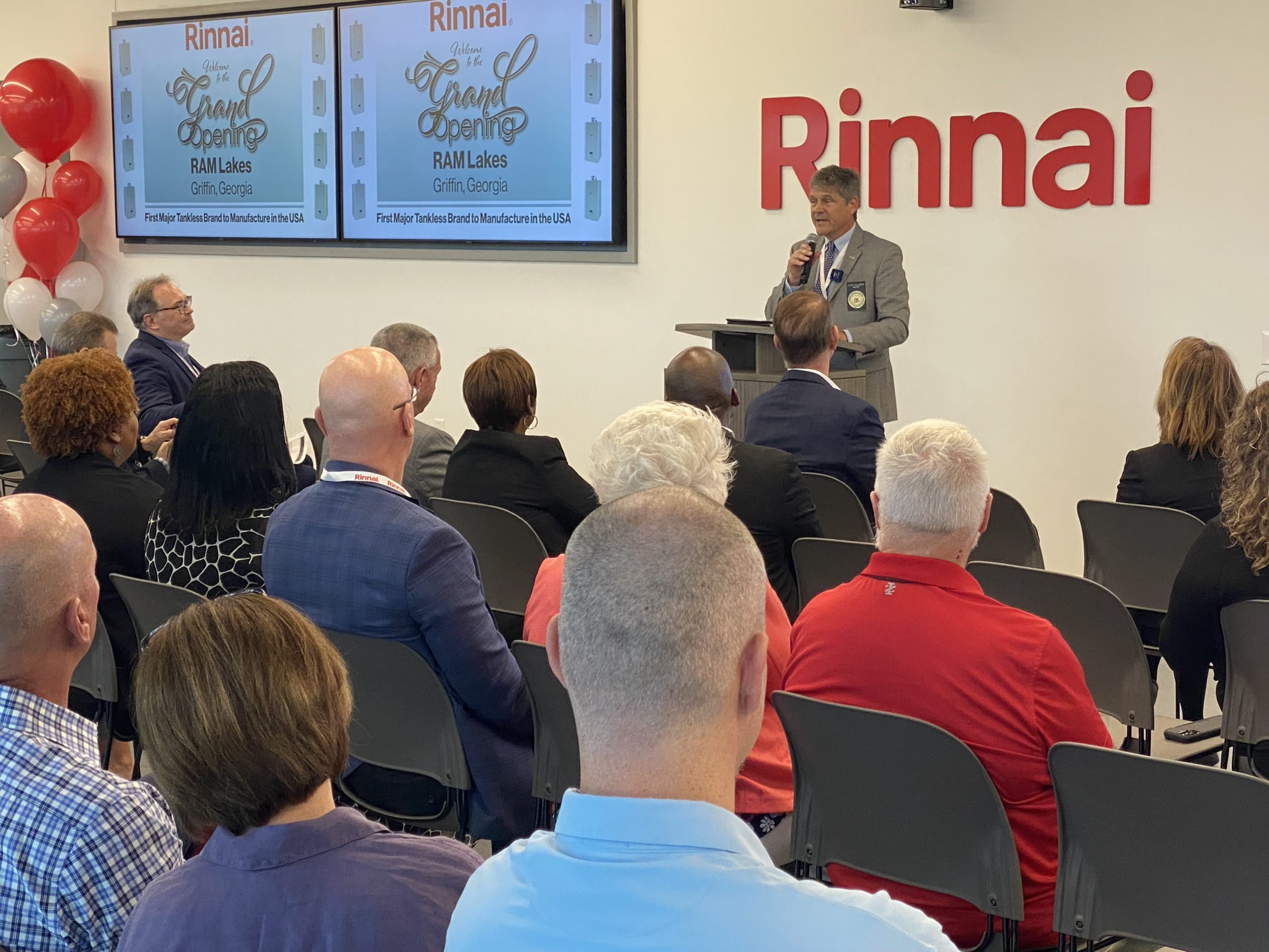 Griffin Mayor Doug Hollberg speaks at the opening of the local Rinnai Plant at RAM Lakes.